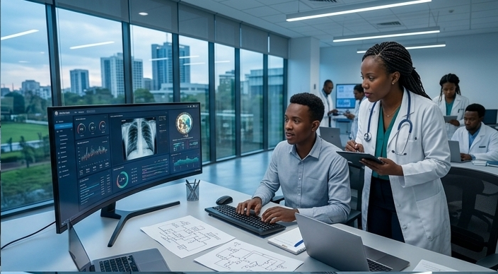 Doctor and clinical staff reviewing AI chest X-ray analysis